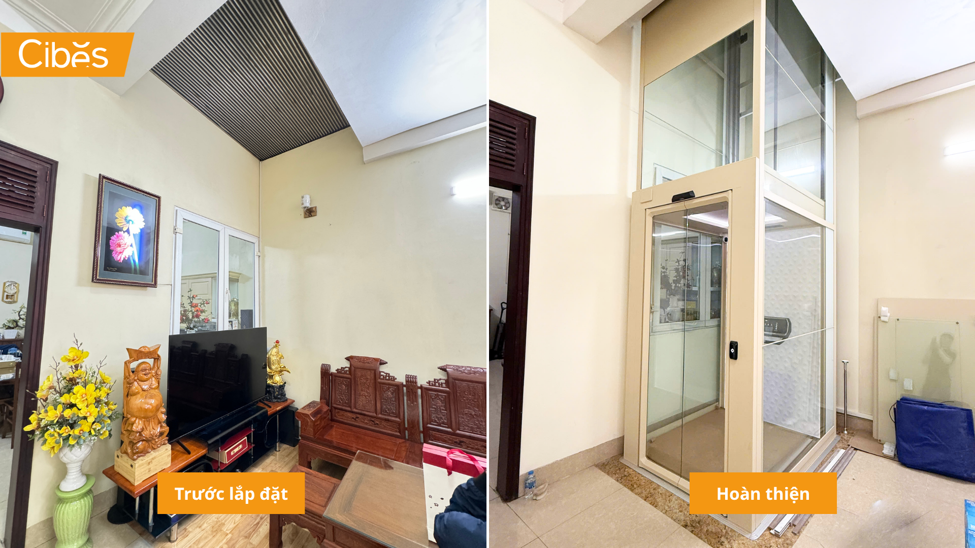 Lắp đặt thang máy nhà phố Cibes V90 Galaxy giữa giếng trời tại Hưng Yên